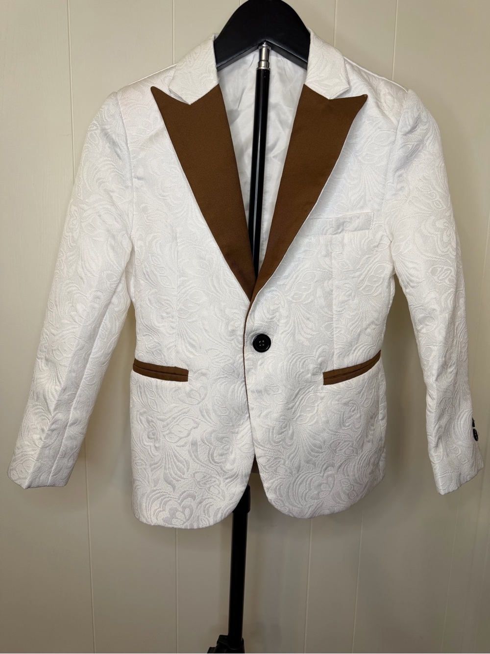 Boys White Bracade Blazer with Brown Contrast Lapel